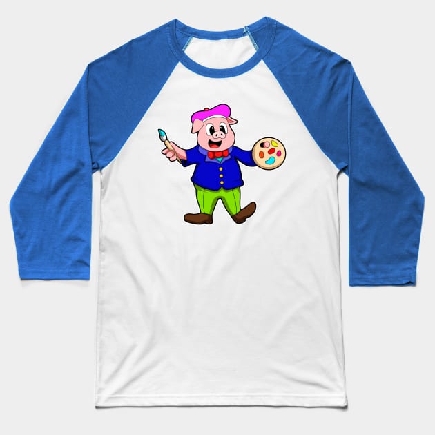 Pig as Painter with Brush & Paint Baseball T-Shirt by Markus Schnabel